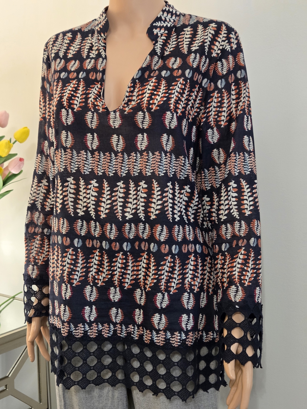Tory Burch Navy, Coral & White Geometric V-Neck Blouse